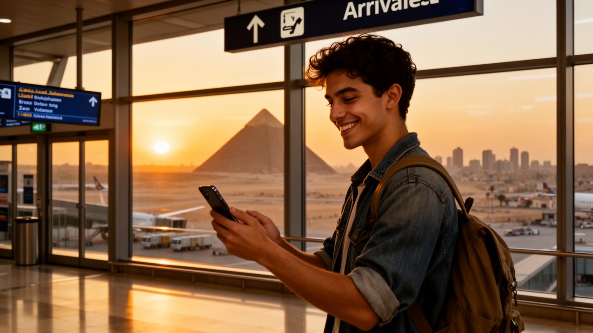 Traveler arriving in Egypt using an eSIM at Cairo airport with pyramids in background
